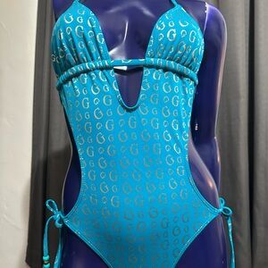 Stylish Turquoise Blue and Gold One Piece Swimsuit Beaded String Bikini Bottom